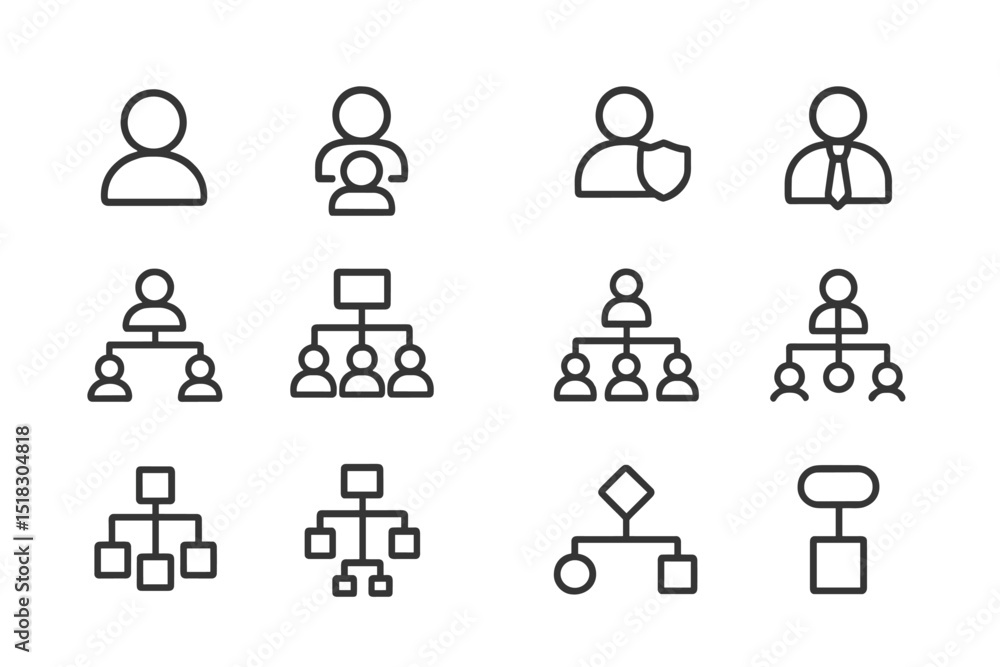 Poster Line art representations of organizational structure and hierarchy in corporate settings with various roles and connections