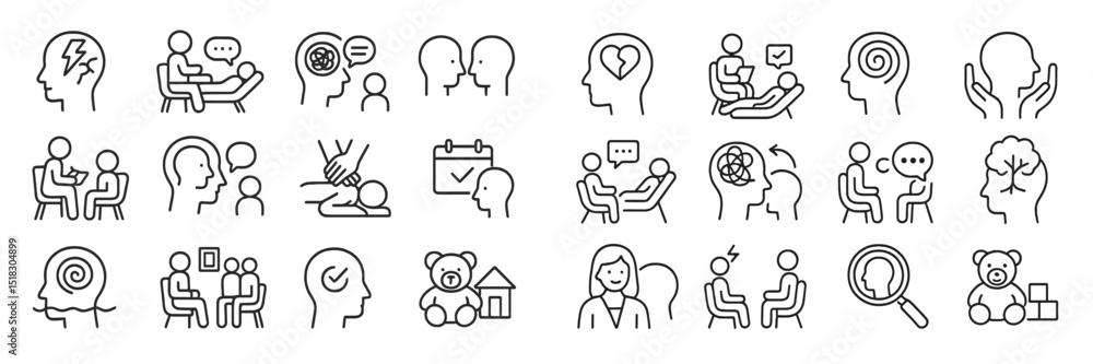 Poster simple line icons depicting various mental health concepts and therapeutic activities in a grid layo