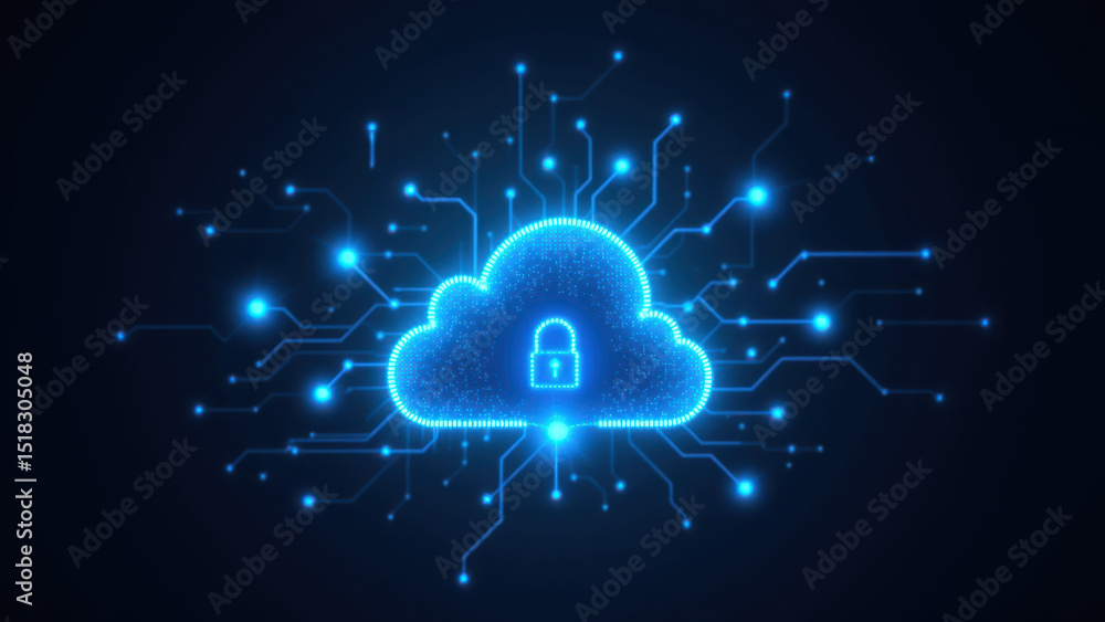 Poster a digital cloud with a lock symbol, emphasizing internet security.