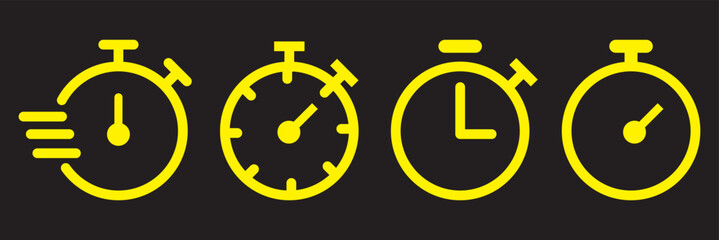 Timer icon set. Alarm clock symbol. Watch countdown vector illustration. Stopwatch sign. Hours, minutes and seconds concept. Simple express pictogram outline collection