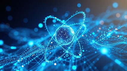Futuristic Glowing Atom Structure with Digital Energy Particles