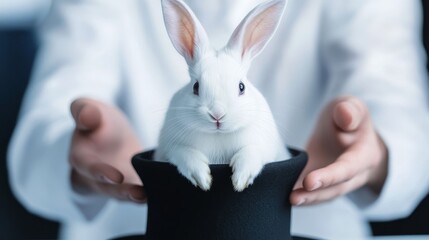 Magician's White Rabbit in Top Hat - A white rabbit sits in a black top hat held by a magician's hands, classic magic trick
