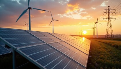 Sustainable energy landscape featuring solar panels, wind turbines, and power lines