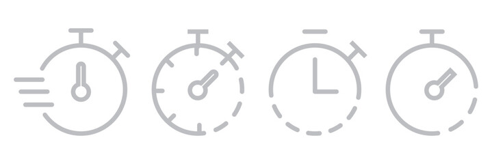 Timer icon set. Alarm clock symbol. Watch countdown vector illustration. Stopwatch sign. Hours, minutes and seconds concept. Simple express pictogram outline collection
