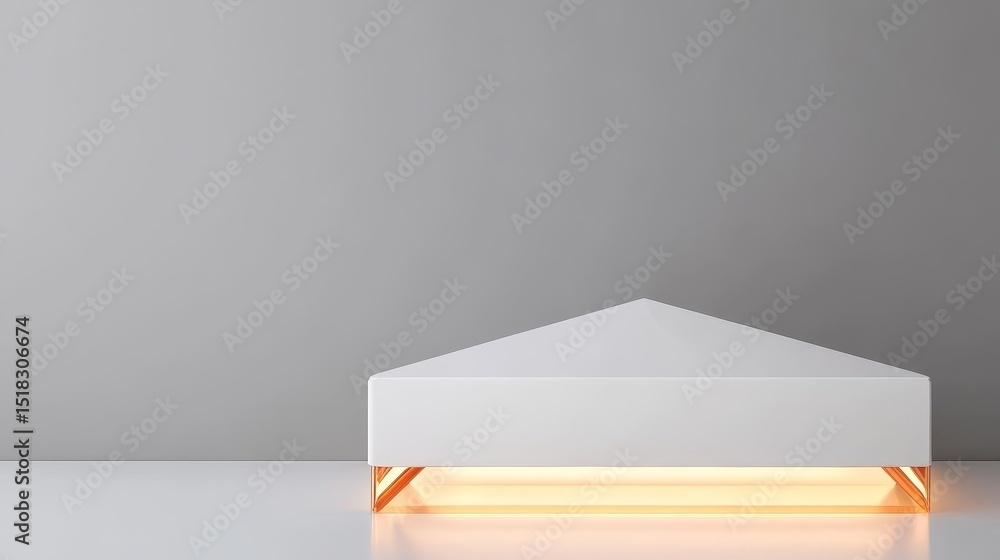 Poster modern minimalist white triangular display stand - sleek white triangular stand with warm light base