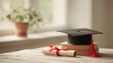 Graduation cap with red tassel and diploma scroll resting on stacked books in soft natural light ideal for knowledge day visuals, academic milestone celebrations and educational promotions