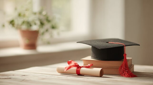 Graduation cap with red tassel and diploma scroll resting on stacked books in soft natural light ideal for knowledge day visuals, academic milestone celebrations and educational promotions