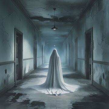 fantasma con lenzuolo si muove lungo il fatiscente corridoio di un palazzo abbandonato e putrido, a ghost with a sheet moves along the dilapidated corridor of an abandoned and rotten building