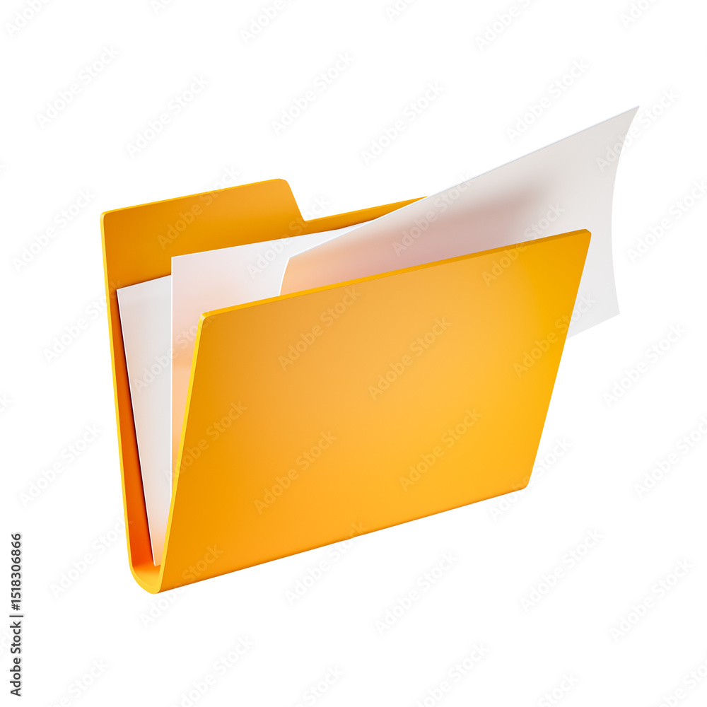Fototapete yellow file folder icon with sheet of paper inside isolated on transparent background. 3d render.
