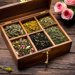 Wooden box holds various dry tea types. Green tea, black tea, mint tea, rose tea, chamomile tea are visible.  