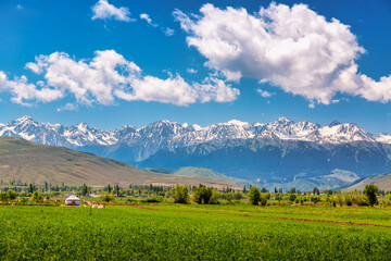 Kyrgyzstan nature landscape. Beautiful green meadow with national Yurt house against Tien-Shan mountains in Kyrgyzstan.