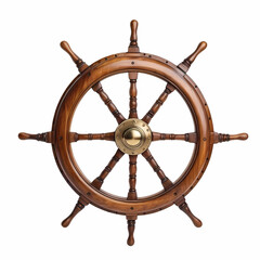 Wooden ship steering wheel isolated on white background.  