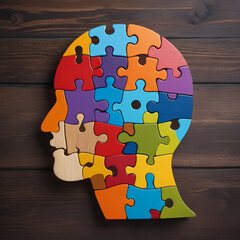 Wooden head shape brain made of colorful puzzle pieces 