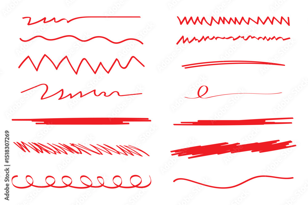 Poster red marker underline brush stroke set. marker red pen highlights squiggle stroke. design element doo