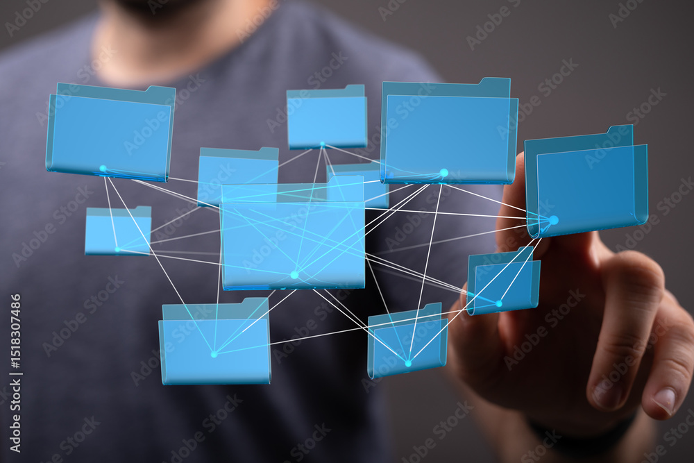 Poster Person interacting with a digital network of interconnected files and folders.  Cloud storage, data management.