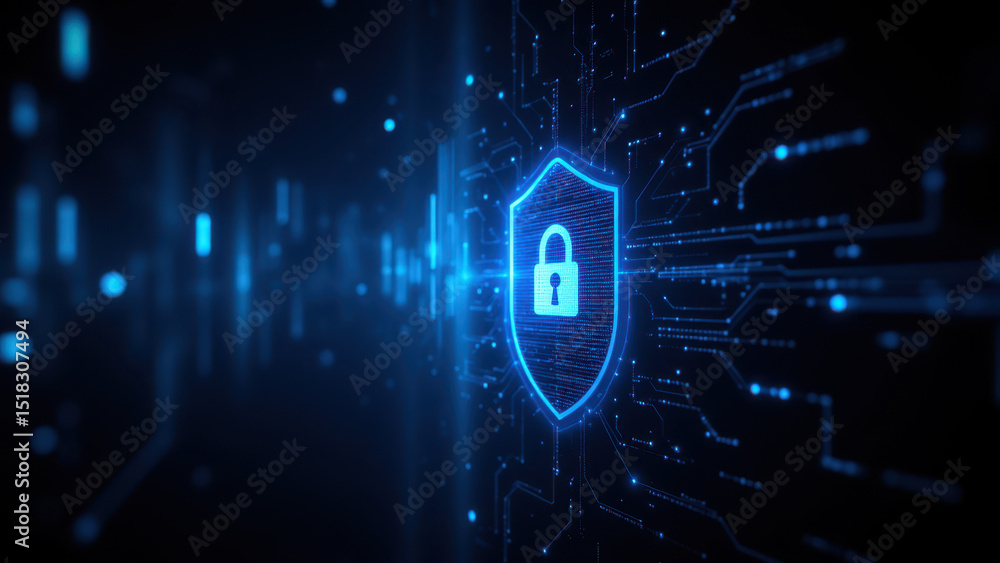 Poster a digital graphic representing cybersecurity with a shield symbol, surrounded by blue circuit-like g