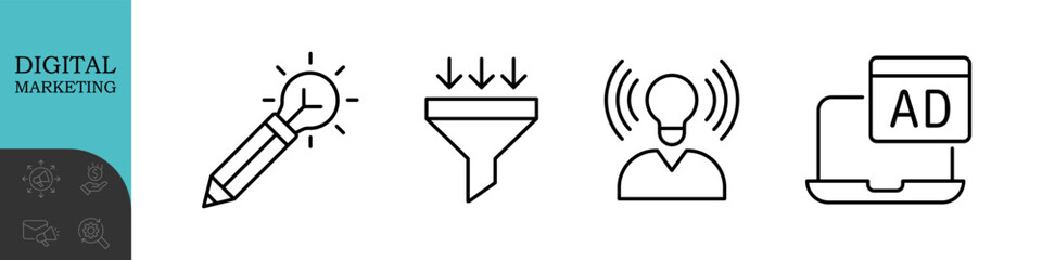 Digital Marketing Line Editable Icons set. Vector illustration in modern thin line style of advertisement related icons: online shop, content, streaming, and more