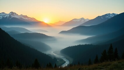 Obraz premium Misty mountain valley at sunrise.