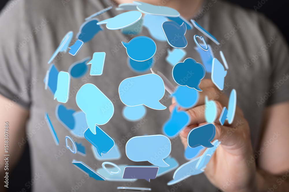 Poster abstract image of a person interacting with a sphere of communication bubbles, symbolizing global di