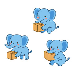 Cute Blue Elephants Delivering Boxes Cartoon Illustration