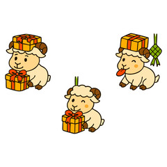 Cute Sheep Cartoon Character with Gifts and Ketupat