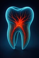 Glowing tooth illustration with intricate red and blue veins, symbolizing dental health and anatomy, radiates sense of vitality and care