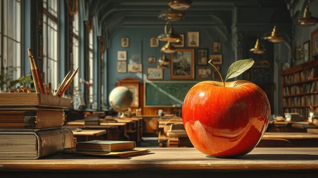 Classic classroom interior with vintage desks, globe and red apple in warm light ideal for back to school themes, knowledge day visuals and traditional education content