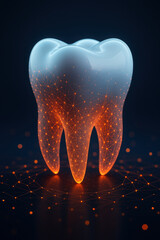 Digital tooth model with glowing orange connections, symbolizing dental health and technology. This represents innovation in dentistry