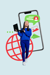 Poster photo vertical collage of happy girl hold laptop stand phone screen bubble communication globe network paper plane sending