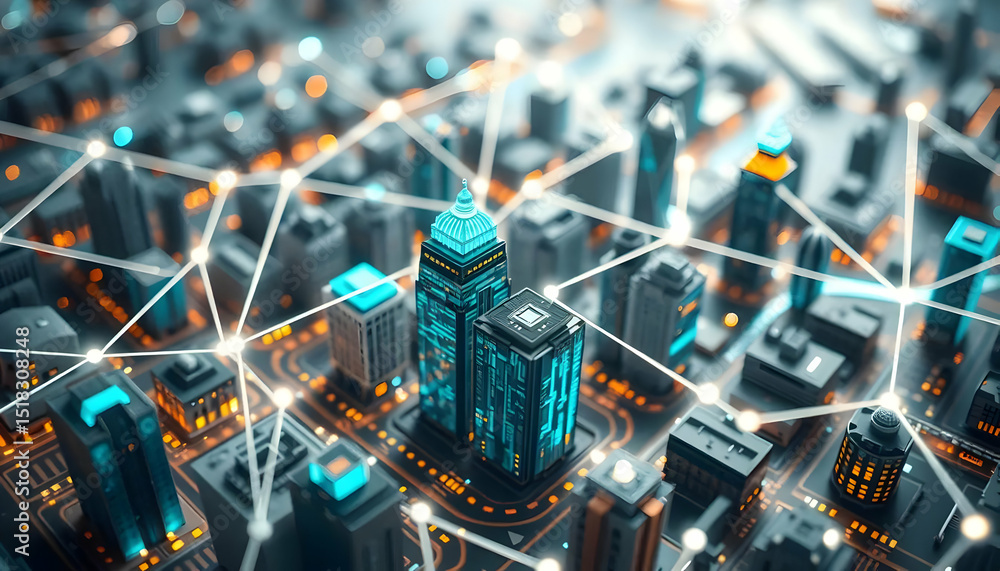 Poster digitally rendered cityscape with glowing network lines highlighting modern technology and urban dev