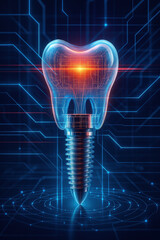 Futuristic dental implant design featuring glowing tooth structure integrated with digital circuitry, symbolizing advanced technology in dentistry