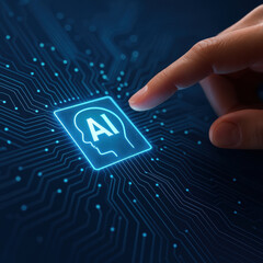Hand touching glowing AI icon on circuit board background, symbolizing technology and innovation