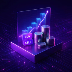 Digital representation of financial growth featuring graph with upward trend, alongside stacks of coins and buttons labeled BUY and SELL