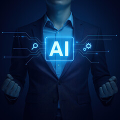 Empowered individual in suit showcasing artificial intelligence technology with glowing elements, symbolizing innovation and progress