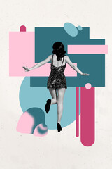 banner pop collage of person air fly on blue background with geometry figure