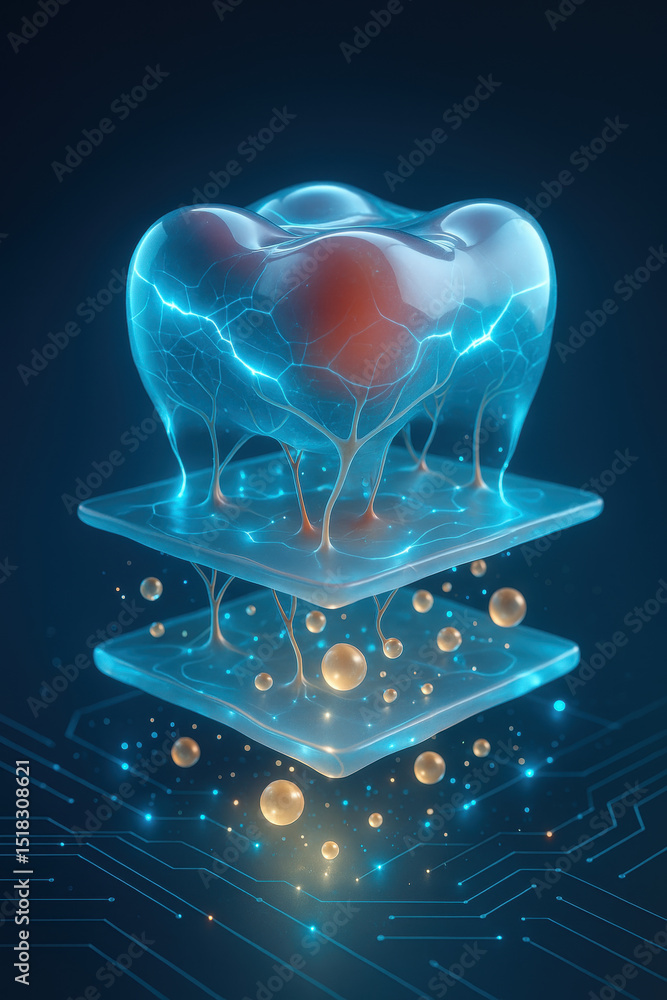 Aufkleber futuristic digital representation of glowing tooth structure, showcasing intricate neural connection