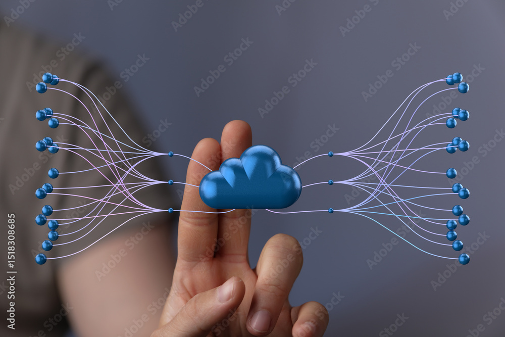 Poster image of a hand holding a cloud icon with multiple connections, representing cloud computing, data s
