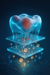 Futuristic digital representation of glowing tooth structure, showcasing intricate neural connections and layers, symbolizing advanced dental
