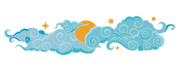 Tibetan sky. Blue Asian cloud with moon, sun and stars. Japanese Korean Chinese cloud style. Asian traditional ornaments. Border pattern. Vector illustration