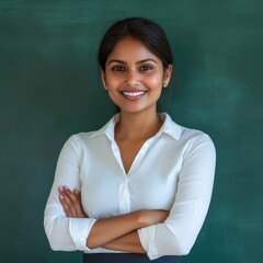 Indian female teacher standing in front of the blackboard