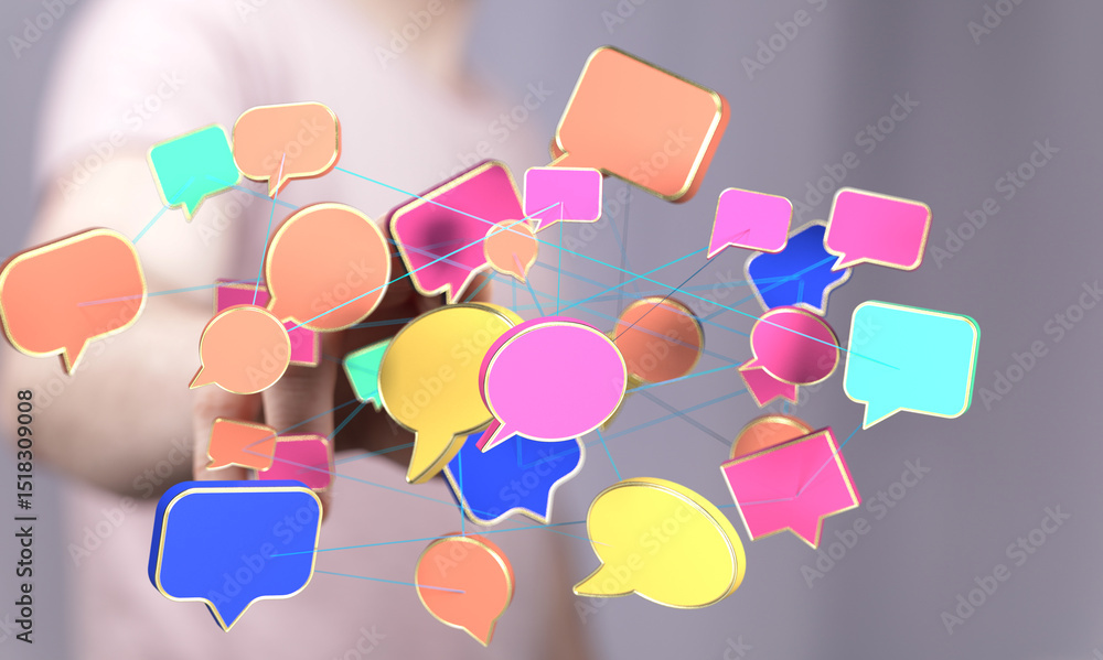 Poster abstract image of interconnected speech bubbles, representing communication and networking.