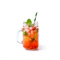 Strawberry Mojito with Mint and Ice in Mason Jar on White Background