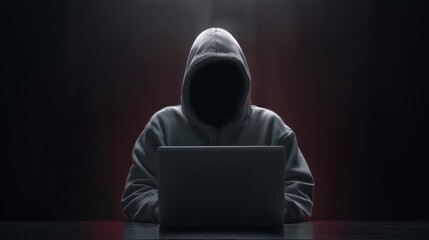 The hooded figure using a laptop in a mysterious dark environment.