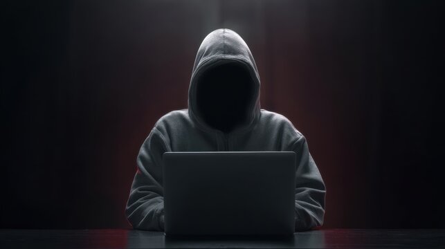 The hooded figure using a laptop in a mysterious dark environment.