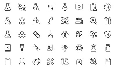 Laboratory line icon set. Containing experiment, test tube, microscope, flask, chemical, biology, research, lab and more. Editable stroke. Vector illustration
