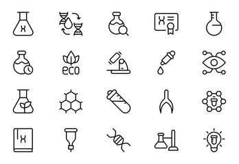 Laboratory line icon set. Containing experiment, test tube, microscope, flask, chemical, biology, research, lab and more. Editable stroke. Vector illustration