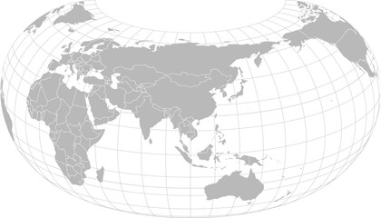 World vector map with country boundaries and graticules (East Asia centered view, 20 degrees north offset, Armadillo projection, PPT-compatible & fully editable)