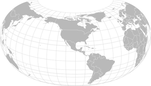 World vector map with country boundaries and graticules (North America centered view, 20 degrees north offset, Armadillo projection, PPT-compatible & fully editable)