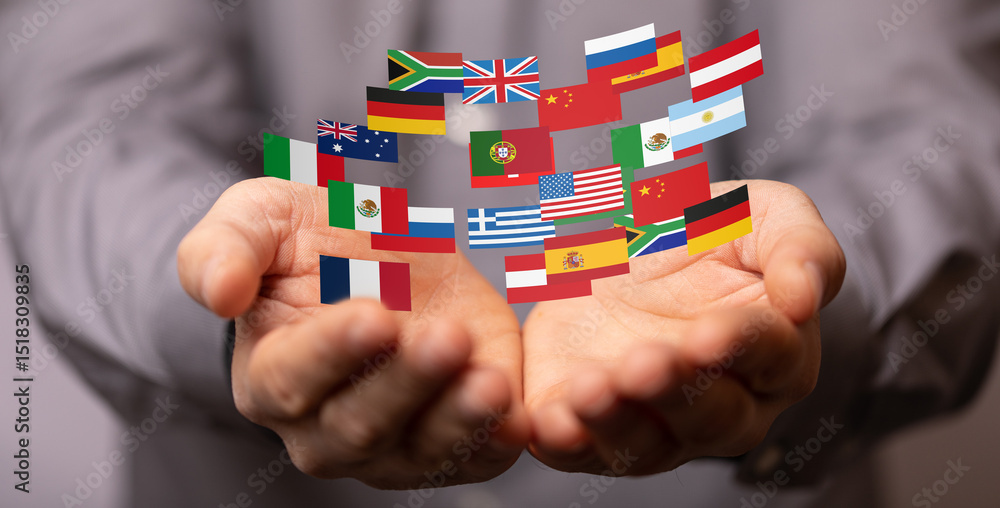 Poster image of hands gently cradling flags from diverse nations, symbolizing global unity and internationa