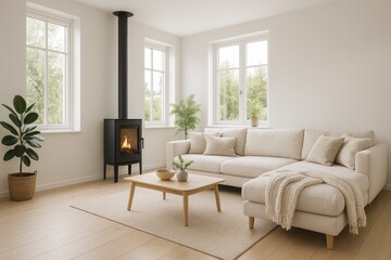 Fototapeta premium Bright and airy Scandinavian living room featuring a plush L-shaped white sofa, a modern minimalist fireplace, light wood accents, and large windows flooding the space with natural light.
